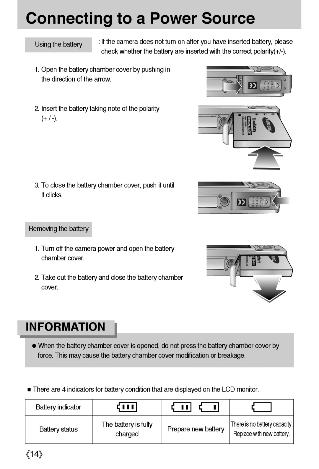 Samsung L50 user manual 《14》, Connecting to a Power Source, Information, Prepare new battery 