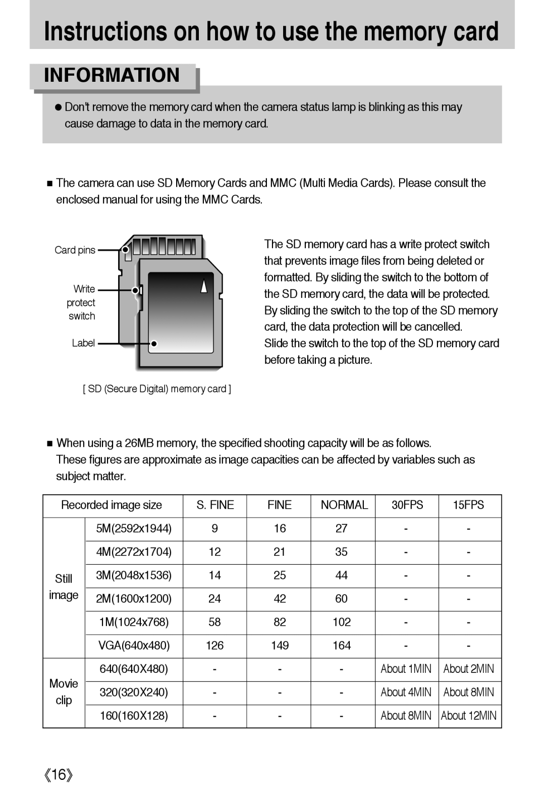 Samsung L50 user manual 《16》, Instructions on how to use the memory card, Information 