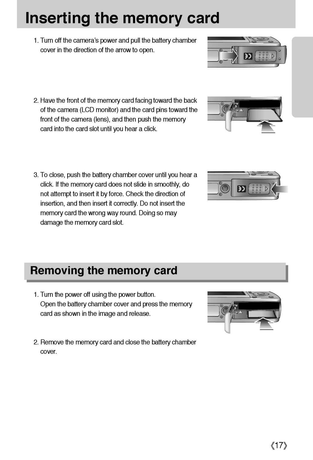 Samsung L50 user manual Inserting the memory card, Removing the memory card, 《17》 