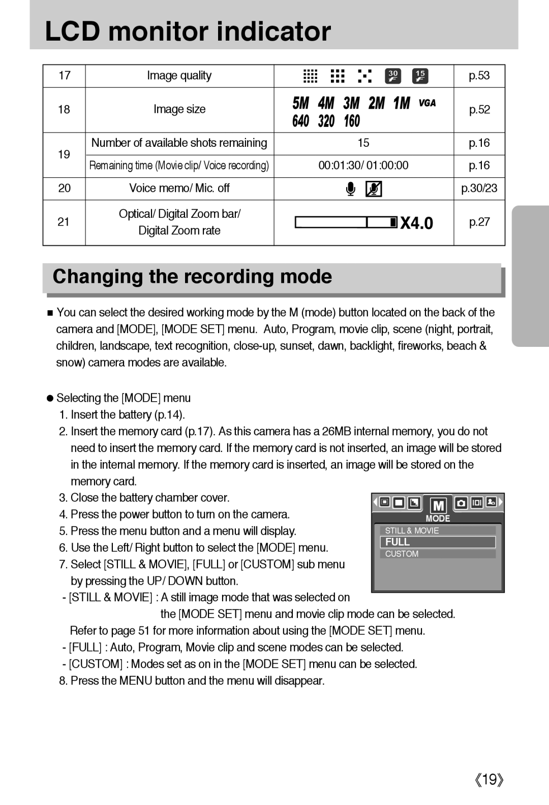 Samsung L50 user manual Changing the recording mode, 《19》, LCD monitor indicator 
