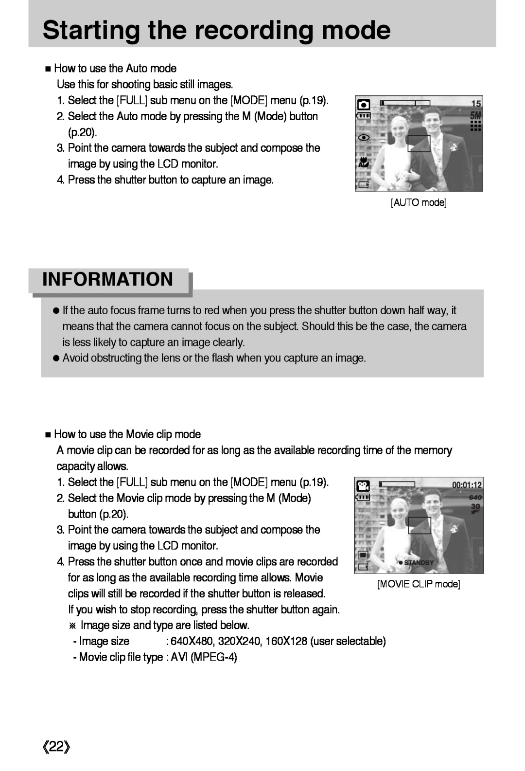 Samsung L50 user manual Starting the recording mode, 《22》, Information 