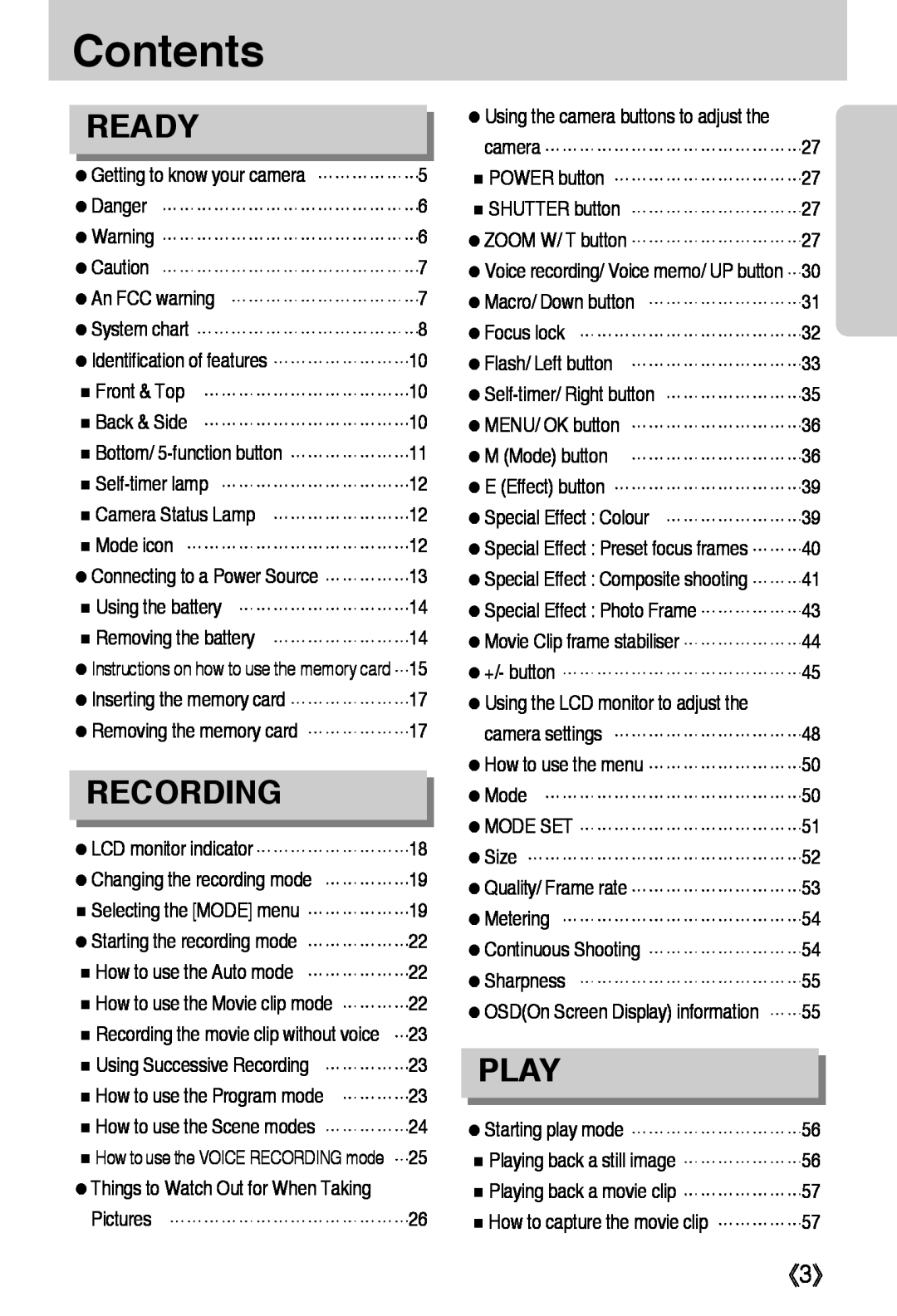 Samsung L50 user manual Contents, Ready, Recording, Play 