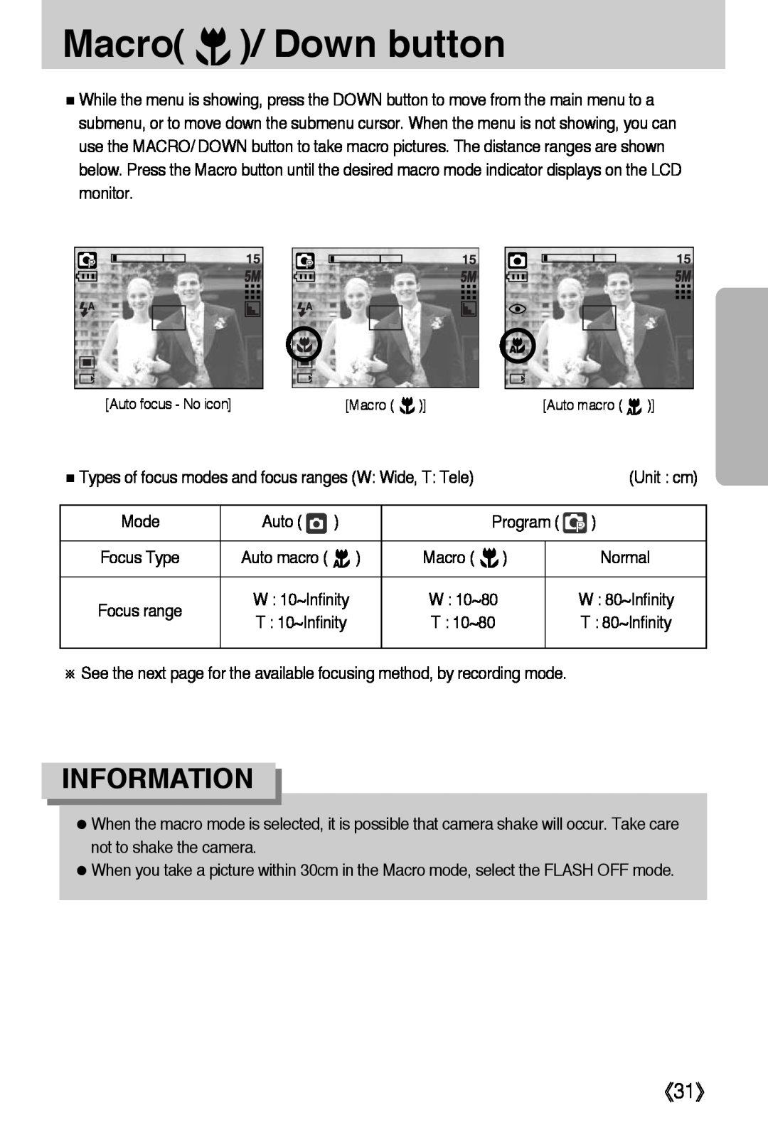 Samsung L50 user manual Macro / Down button, 《31》, Information 