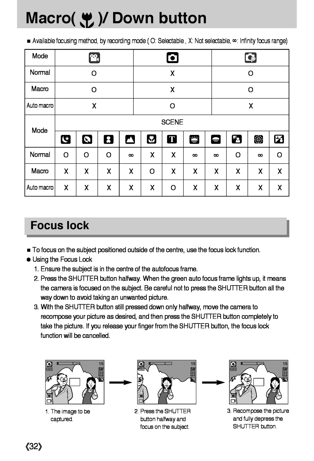 Samsung L50 user manual Focus lock, 《32》, Macro / Down button 