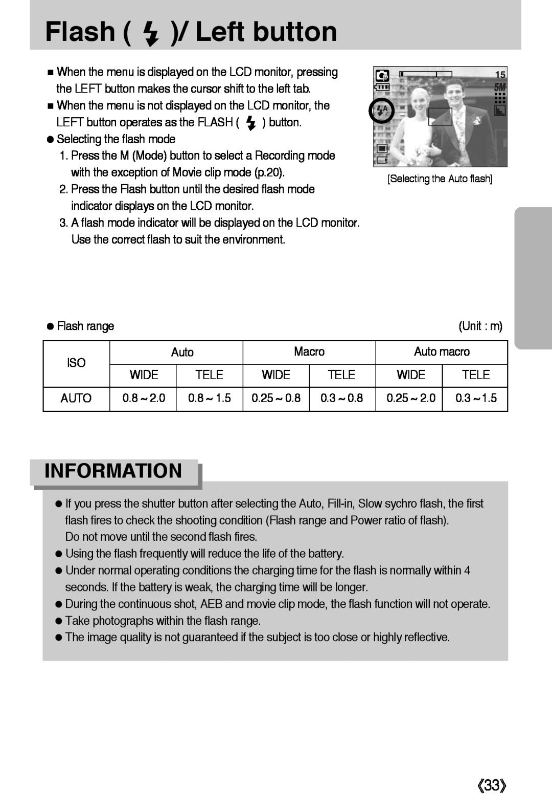 Samsung L50 user manual Flash, Left button, 《33》, Information 