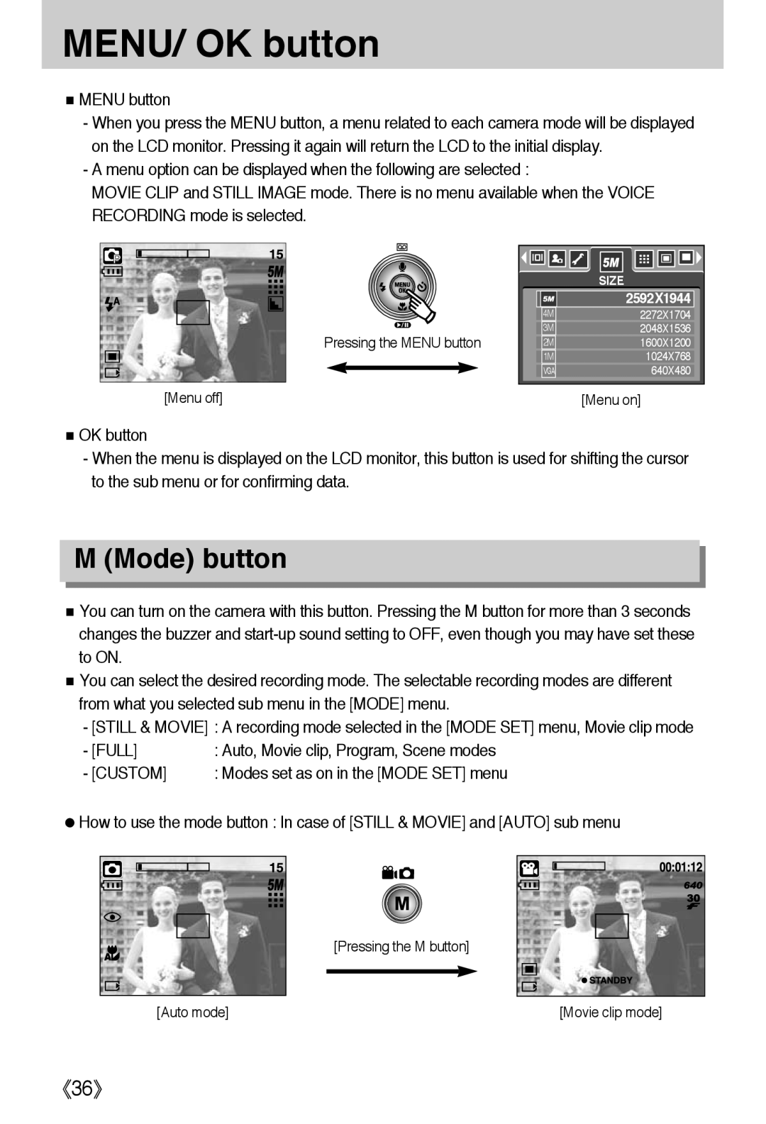 Samsung L50 user manual MENU/ OK button, M Mode button, 《36》 