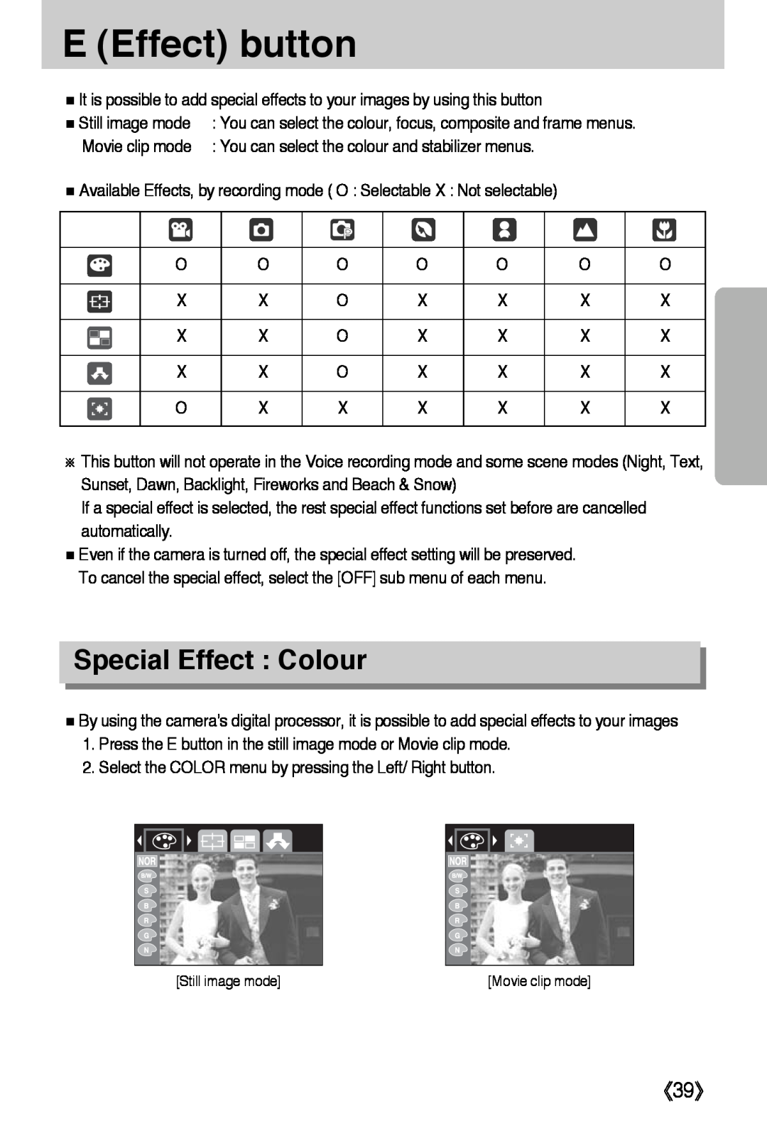 Samsung L50 user manual E Effect button, Special Effect Colour, 《39》 