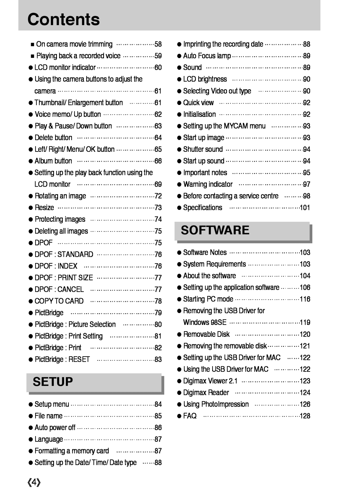 Samsung L50 user manual Software, Setup, Contents 
