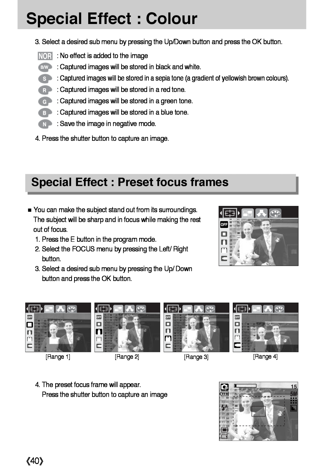 Samsung L50 user manual Special Effect Colour, Special Effect Preset focus frames, 《40》 
