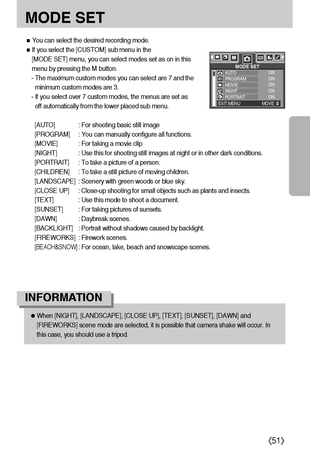 Samsung L50 user manual Mode Set, 《51》, Information 