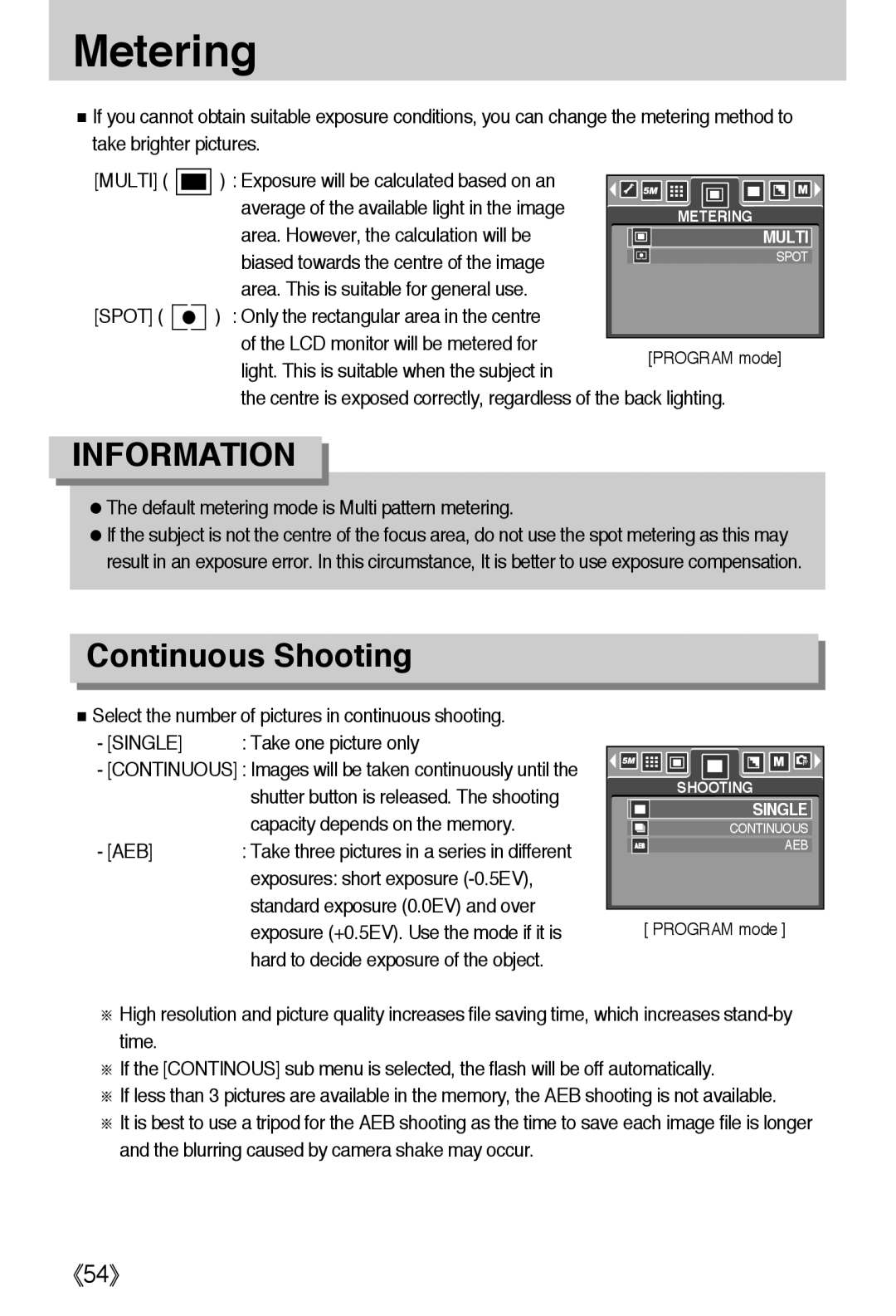 Samsung L50 user manual Metering, Continuous Shooting, 《54》, Information 