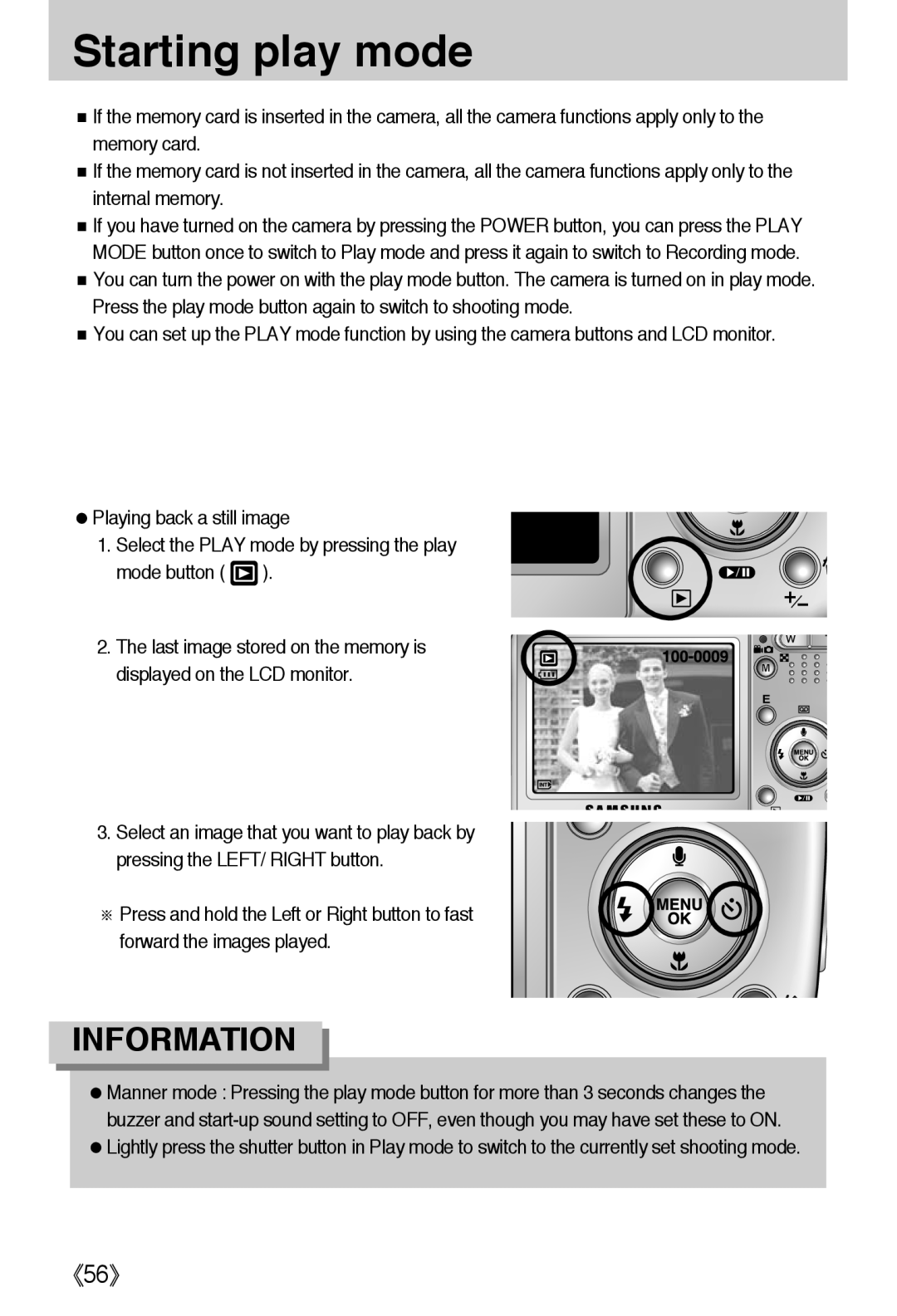 Samsung L50 user manual Starting play mode, 《56》, Information 