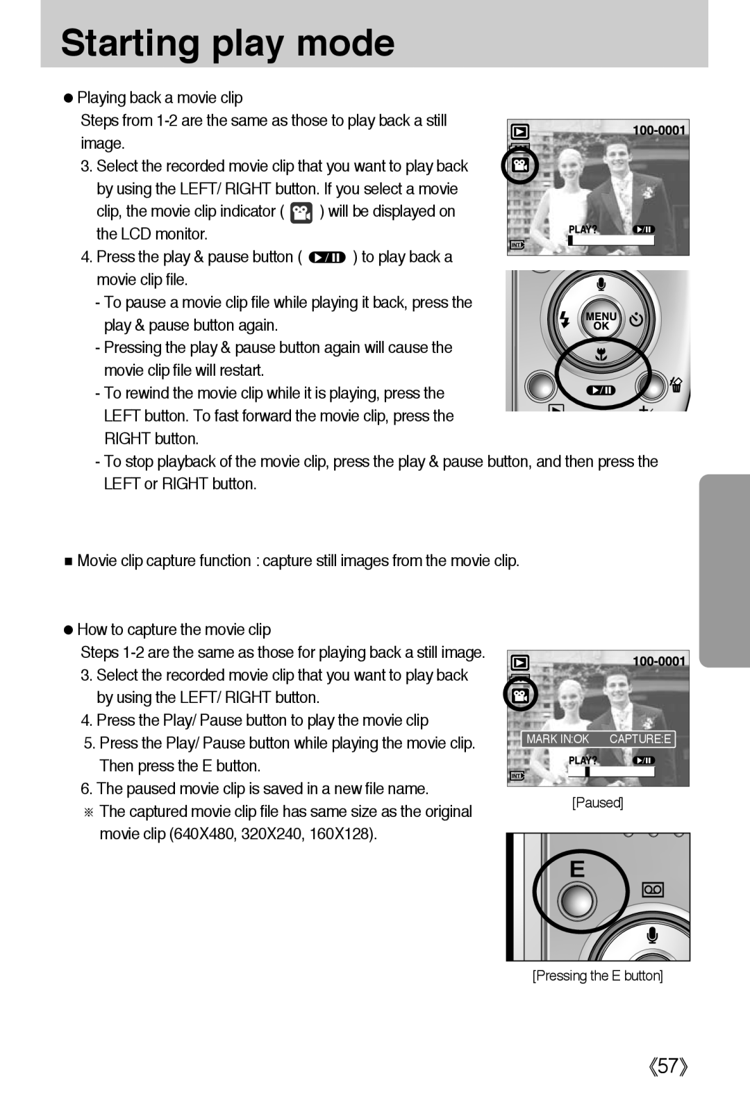 Samsung L50 user manual 《57》, Starting play mode, Steps 1-2 are the same as those for playing back a still image 