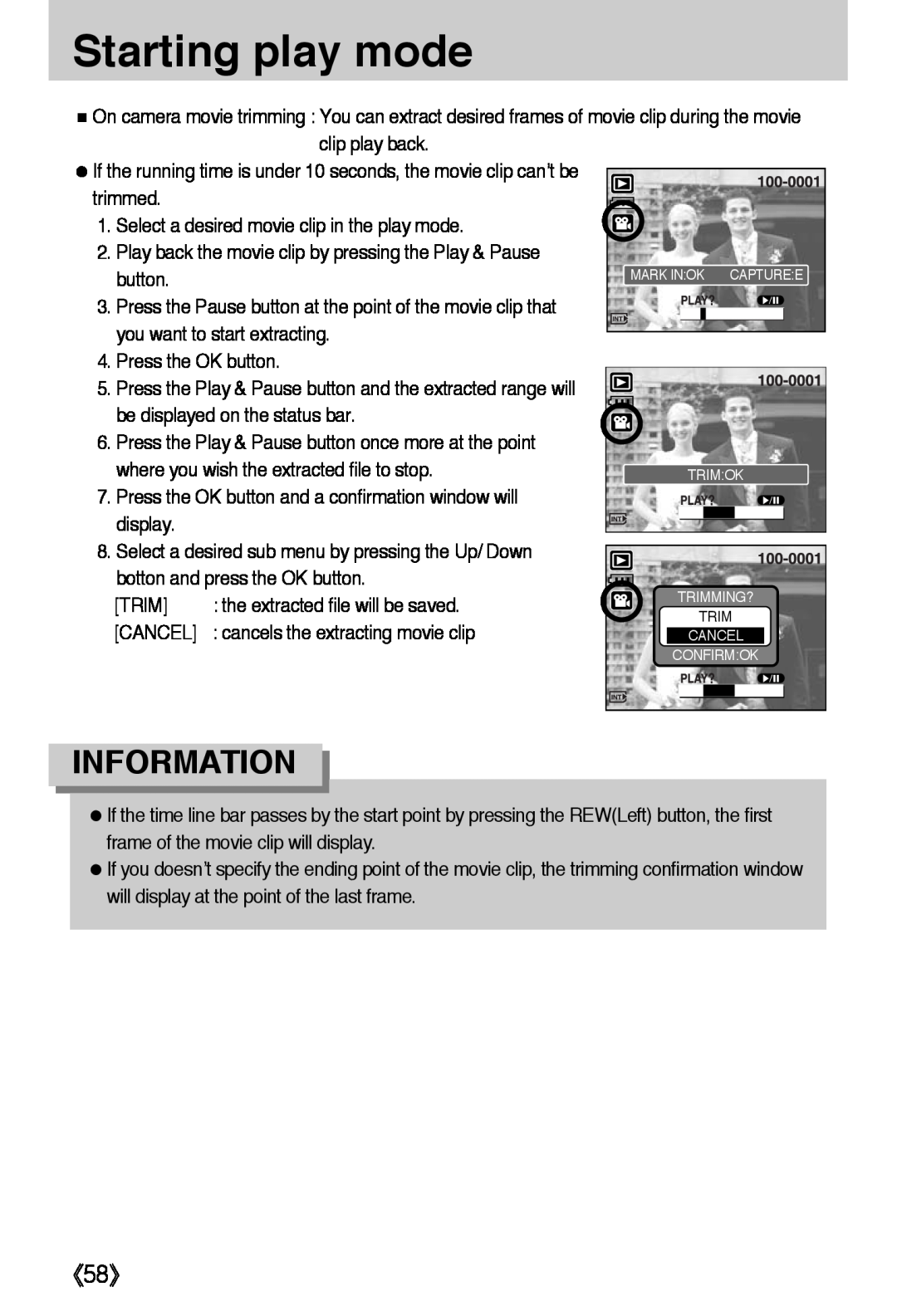 Samsung L50 user manual 《58》, Starting play mode, Information 