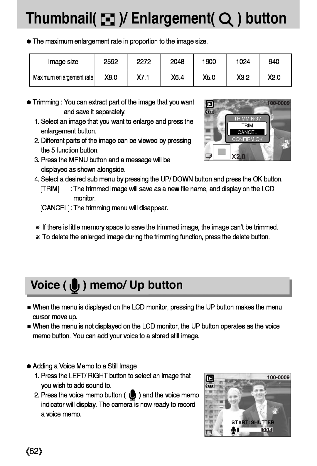 Samsung L50 user manual Voice memo/ Up button, 《62》, Thumbnail / Enlargement button 