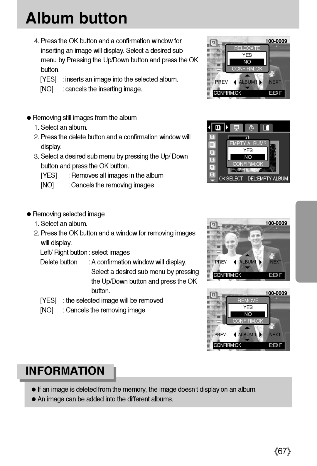 Samsung L50 user manual 《67》, Album button, Information, Cancels the removing images 