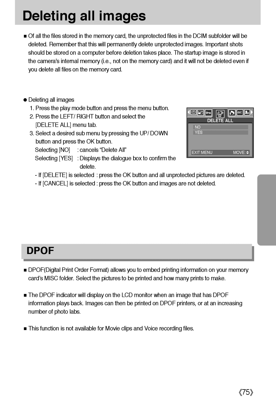 Samsung L50 user manual Deleting all images, Dpof, 《75》 