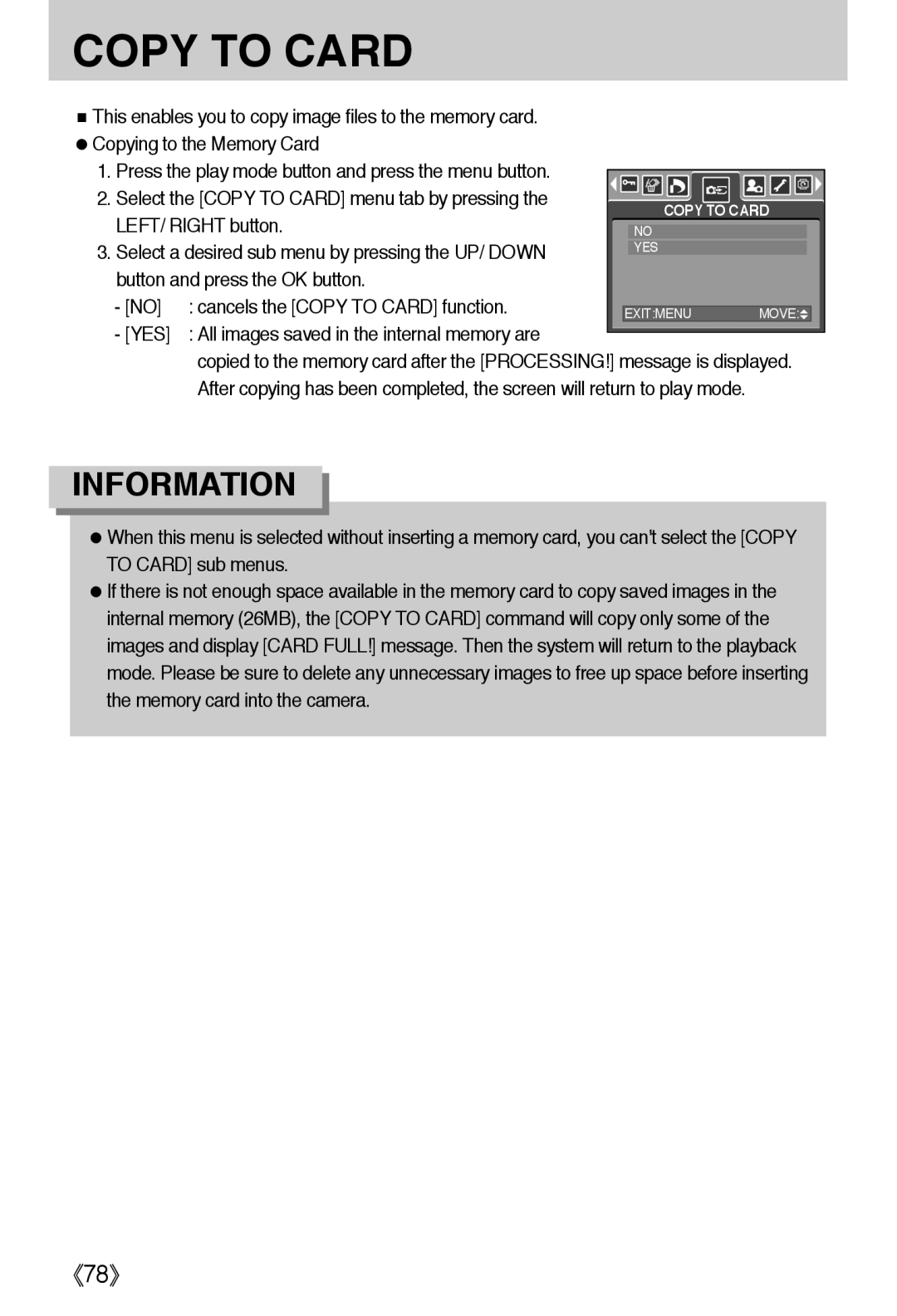 Samsung L50 user manual Copy To Card, 《78》, Information 
