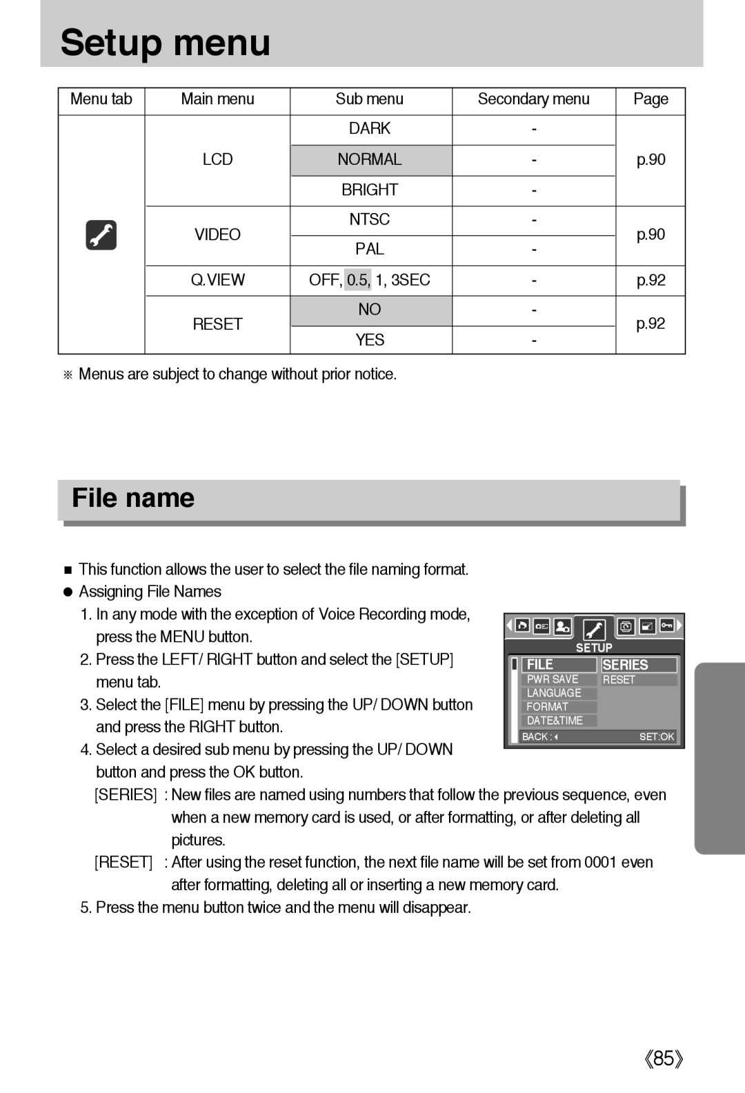 Samsung L50 user manual File name, 《85》, press the MENU button, Press the LEFT/ RIGHT button and select the SETUP, menu tab 
