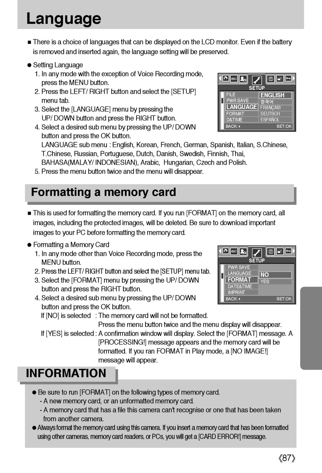 Samsung L50 Language, Formatting a memory card, 《87》, Select the LANGUAGE menu by pressing the, MENU button, Information 