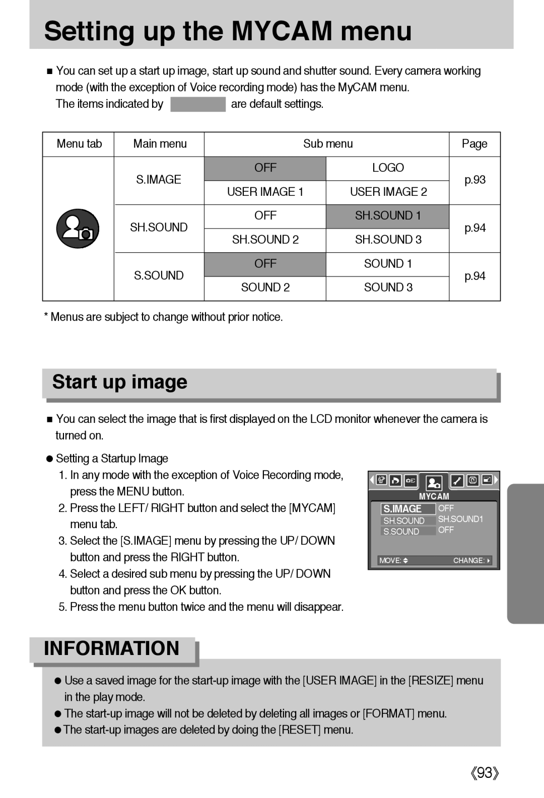 Samsung L50 user manual Setting up the MYCAM menu, Start up image, 《93》, Information 