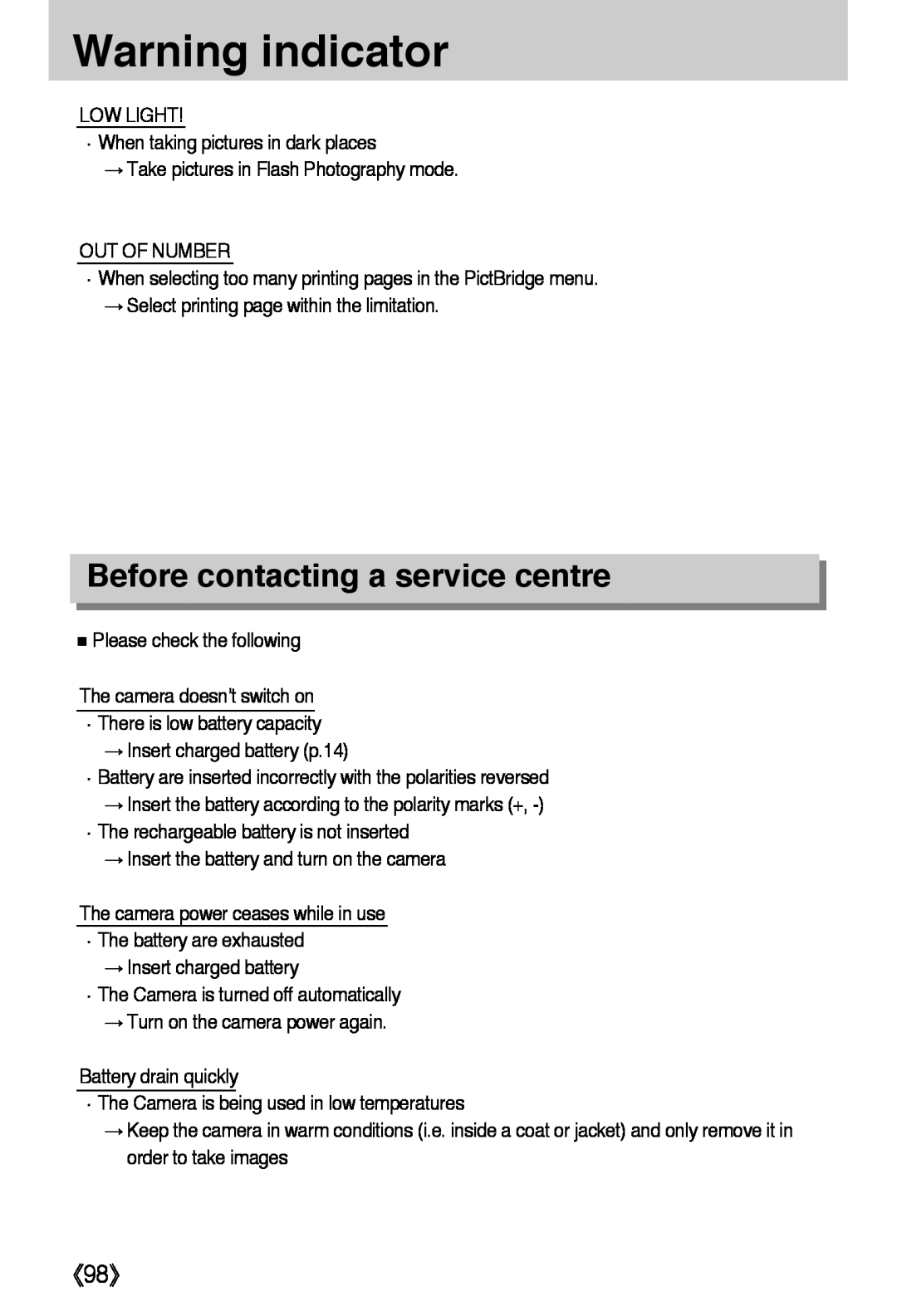 Samsung L50 user manual Before contacting a service centre, 《98》, Warning indicator 