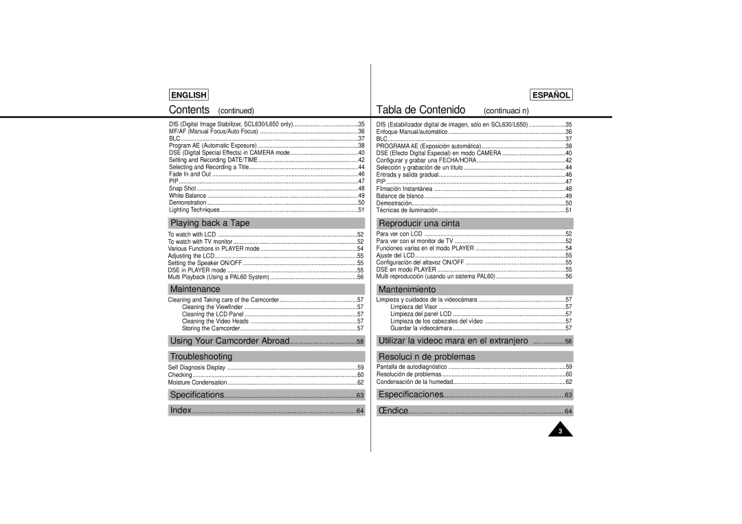 Samsung L630, L650 manual Tabla de Contenido continuación, Utilizar la videocámara en el extranjero 