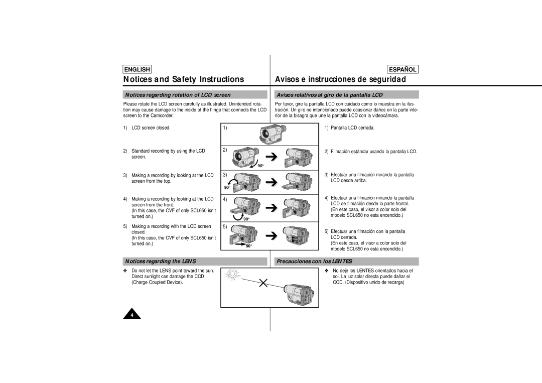 Samsung L650, L630 manual Safety Instructions, Avisos relativos al giro de la pantalla LCD, Precauciones con los Lentes 