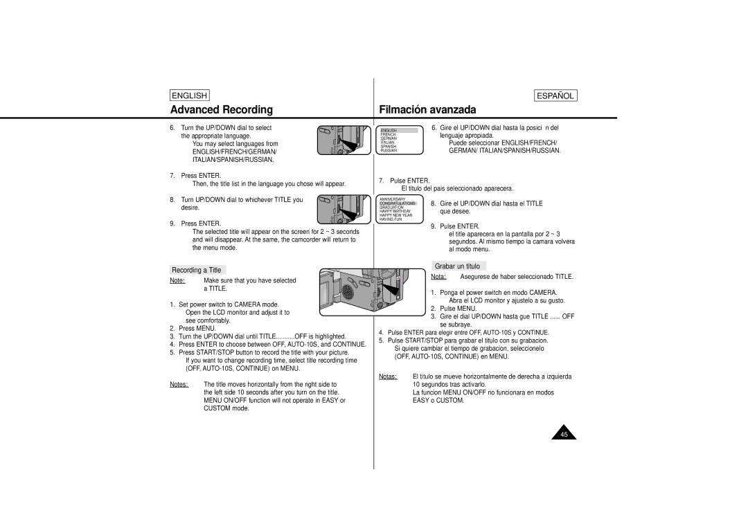 Samsung L630, L650 manual Recording a Title, Grabar un titulo, English/French/German Italian/Spanish/Russian 