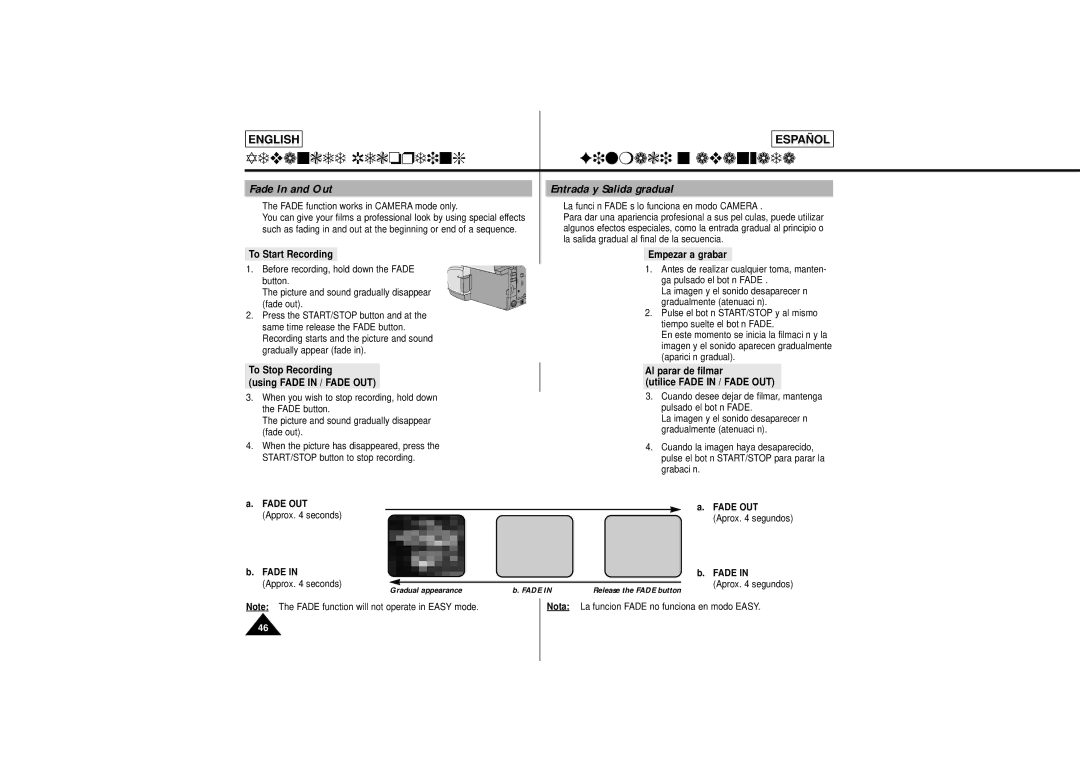 Samsung L650, L630 manual Advanced Recording Filmación avanzada, Fade In and Out Entrada y Salida gradual 