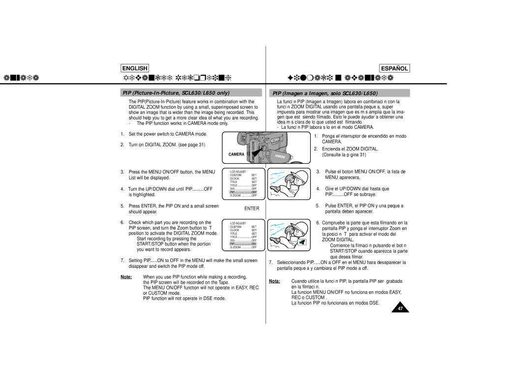 Samsung Anzada Advanced Recording, PIP Picture-In-Picture, SCL630/L650 only, PIP Imagen a Imagen, solo SCL630/L650 