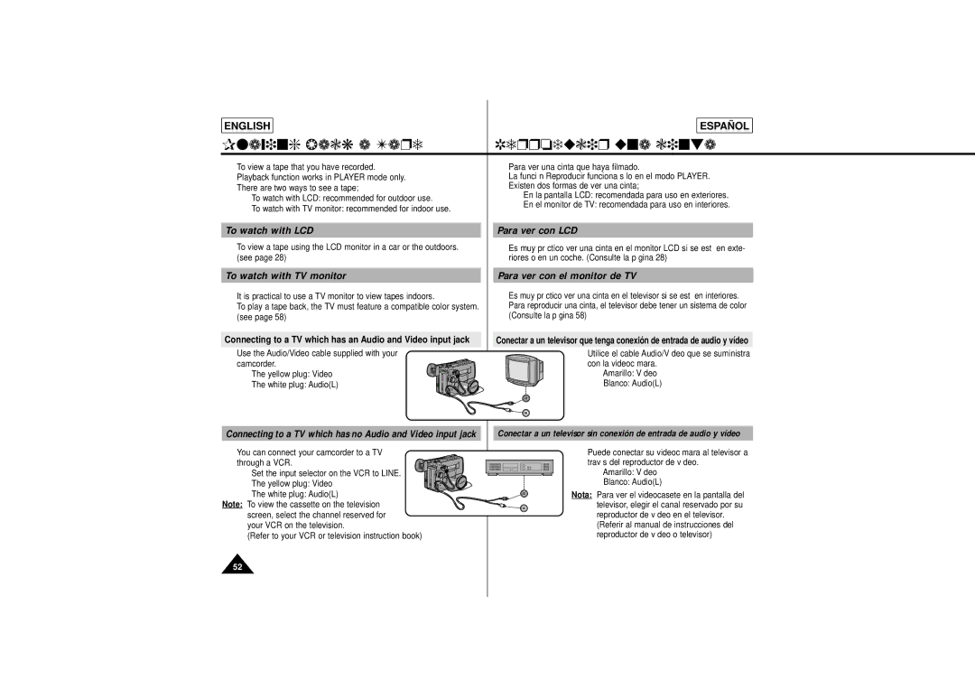 Samsung L650, L630 manual Playing back a Tape Reproducir una cinta, To watch with LCD Para ver con LCD 