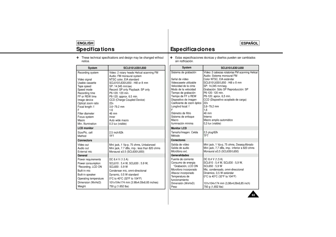 Samsung L630, L650 manual Specifications, Especificaciones 