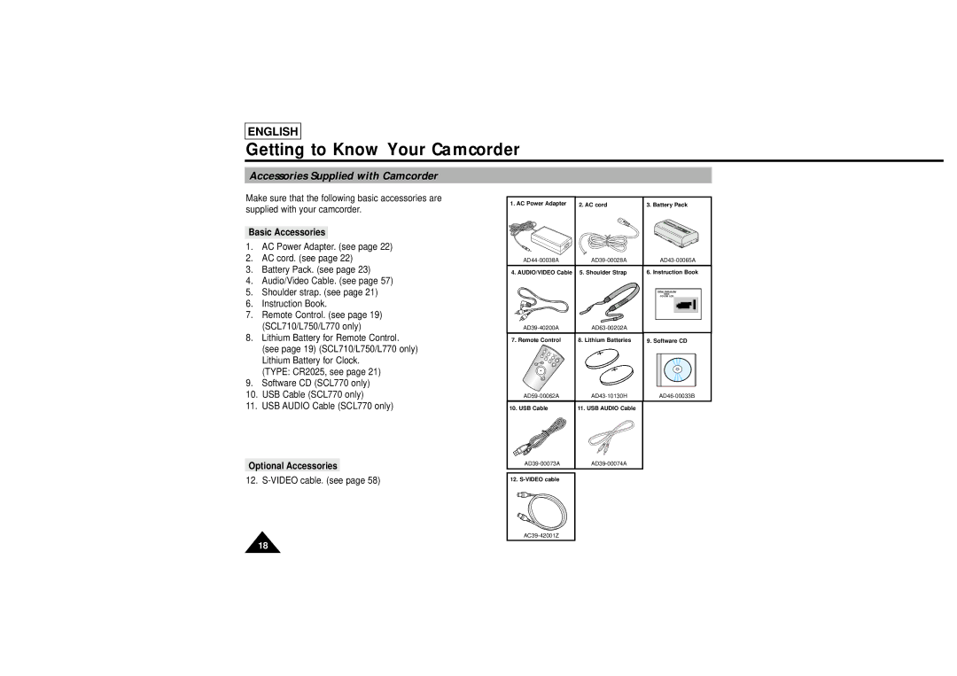 Samsung L750, L710 manual Accessories Supplied with Camcorder, Basic Accessories, Optional Accessories 