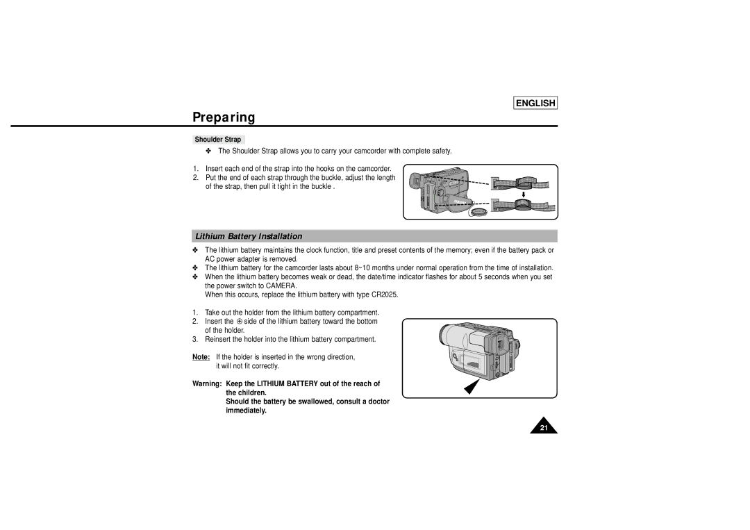 Samsung L710, L750 manual Lithium Battery Installation, Shoulder Strap 