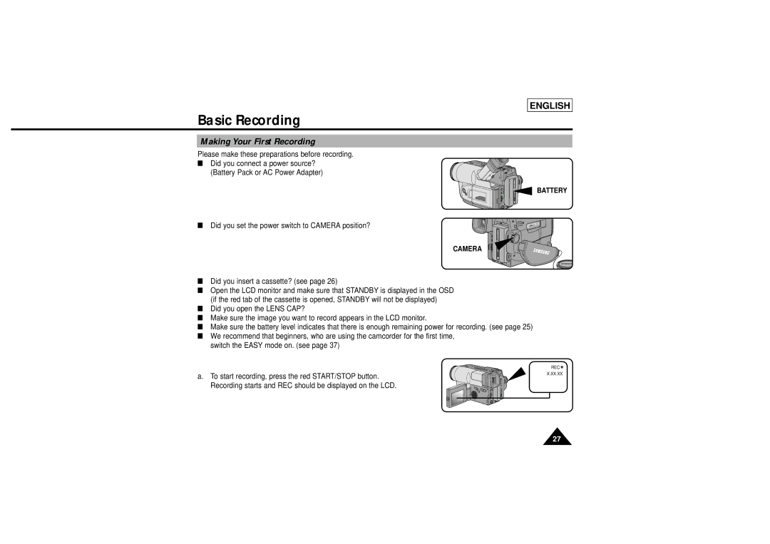 Samsung L710, L750 manual Basic Recording, Making Your First Recording, Battery 