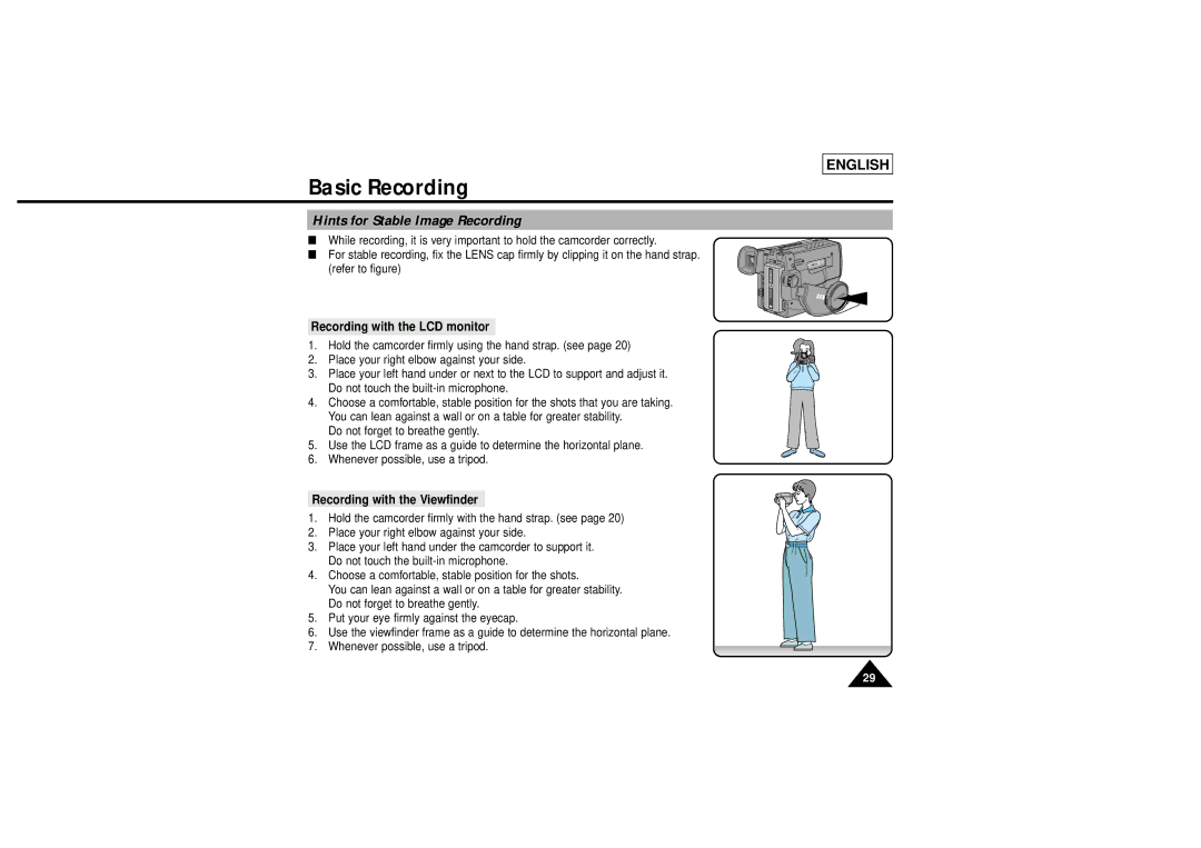 Samsung L710, L750 manual Hints for Stable Image Recording, Recording with the LCD monitor, Recording with the Viewfinder 