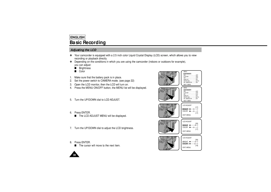 Samsung L750, L710 manual Adjusting the LCD 