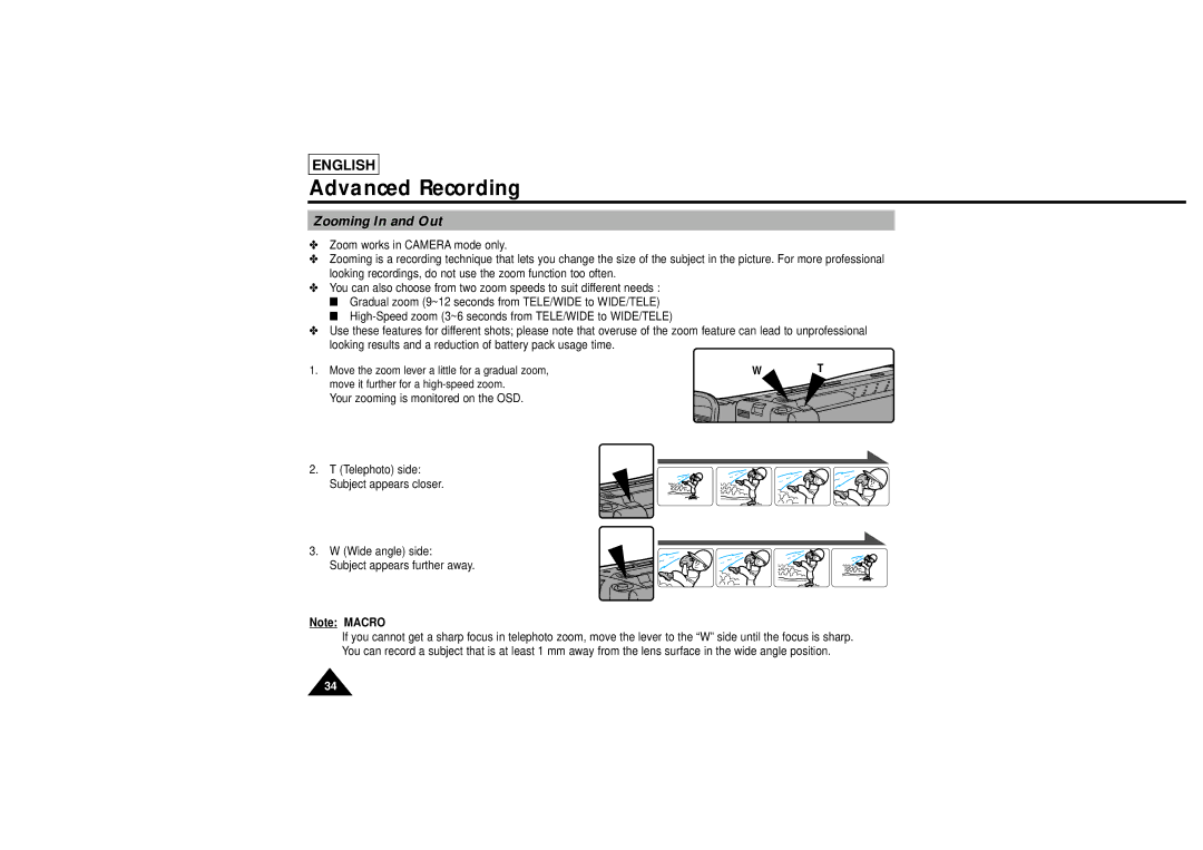 Samsung L750, L710 manual Advanced Recording, Zooming In and Out, Move the zoom lever a little for a gradual zoom 