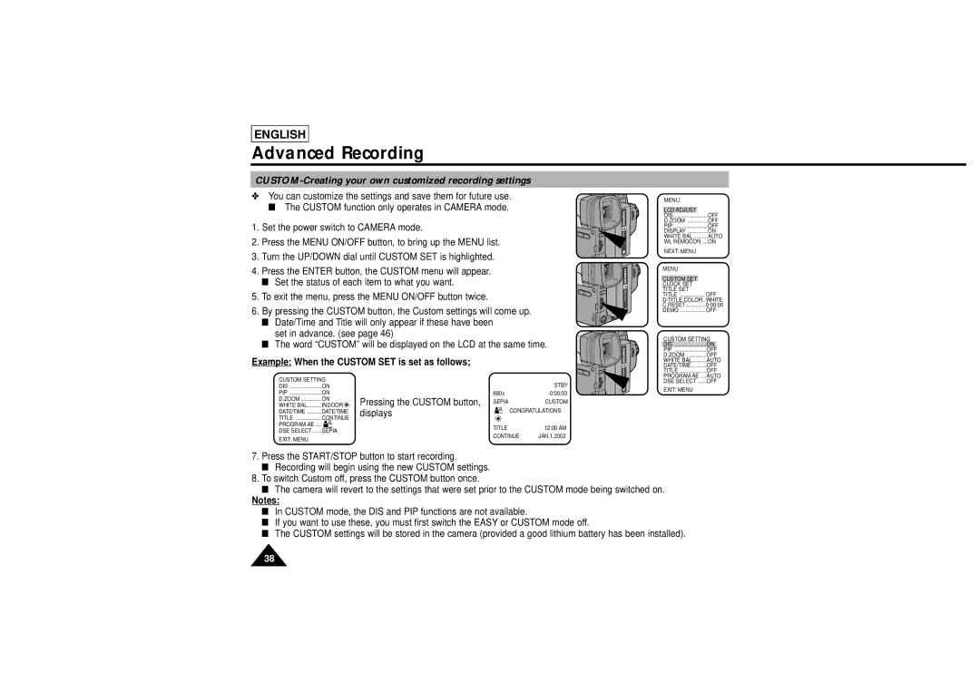 Samsung L750, L710 CUSTOM-Creating your own customized recording settings, Example When the Custom SET is set as follows 