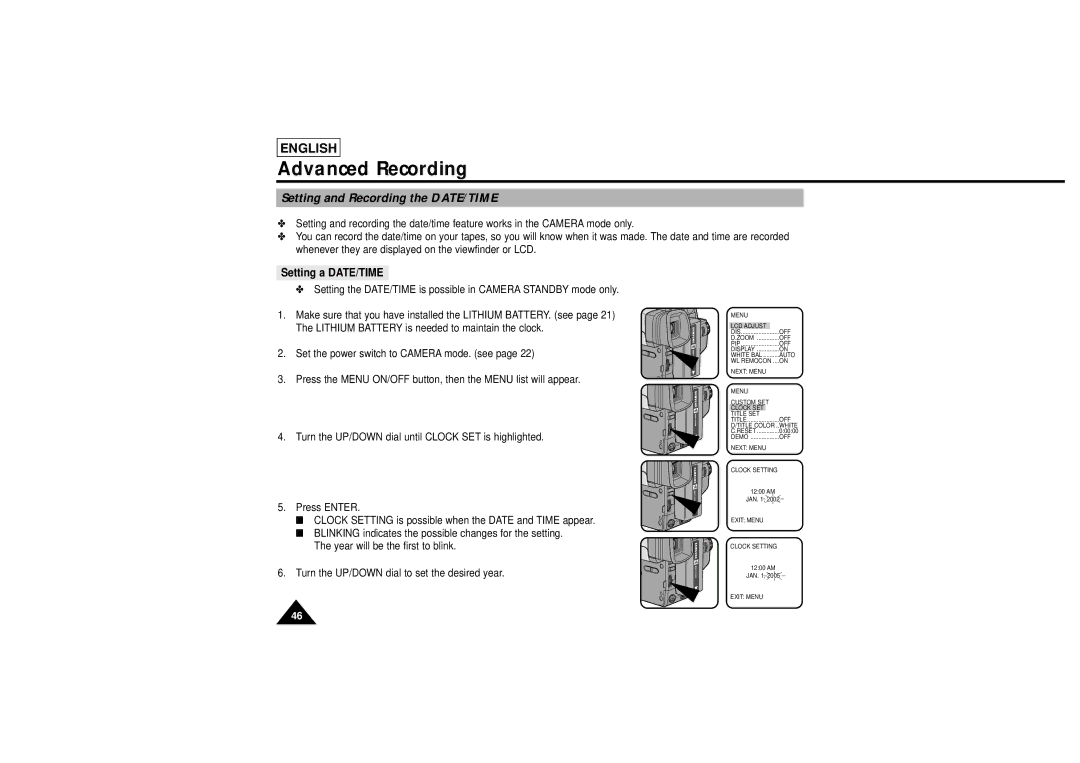 Samsung L750, L710 manual Setting and Recording the DATE/TIME, Setting a DATE/TIME 