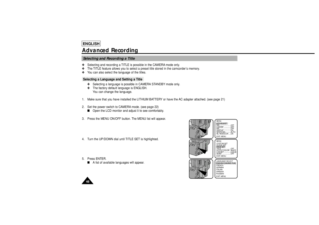 Samsung L750, L710 manual Selecting and Recording a Title, Selecting a Language and Setting a Title 