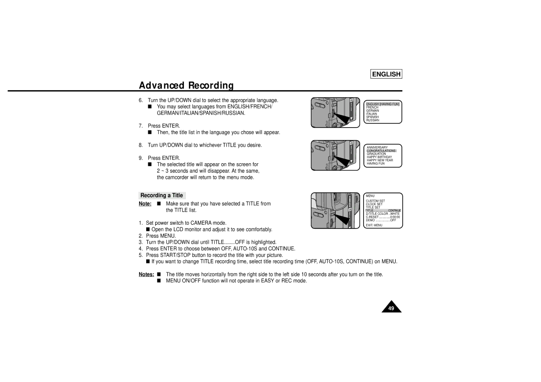 Samsung L710, L750 manual Recording a Title, German/Italian/Spanish/Russian 