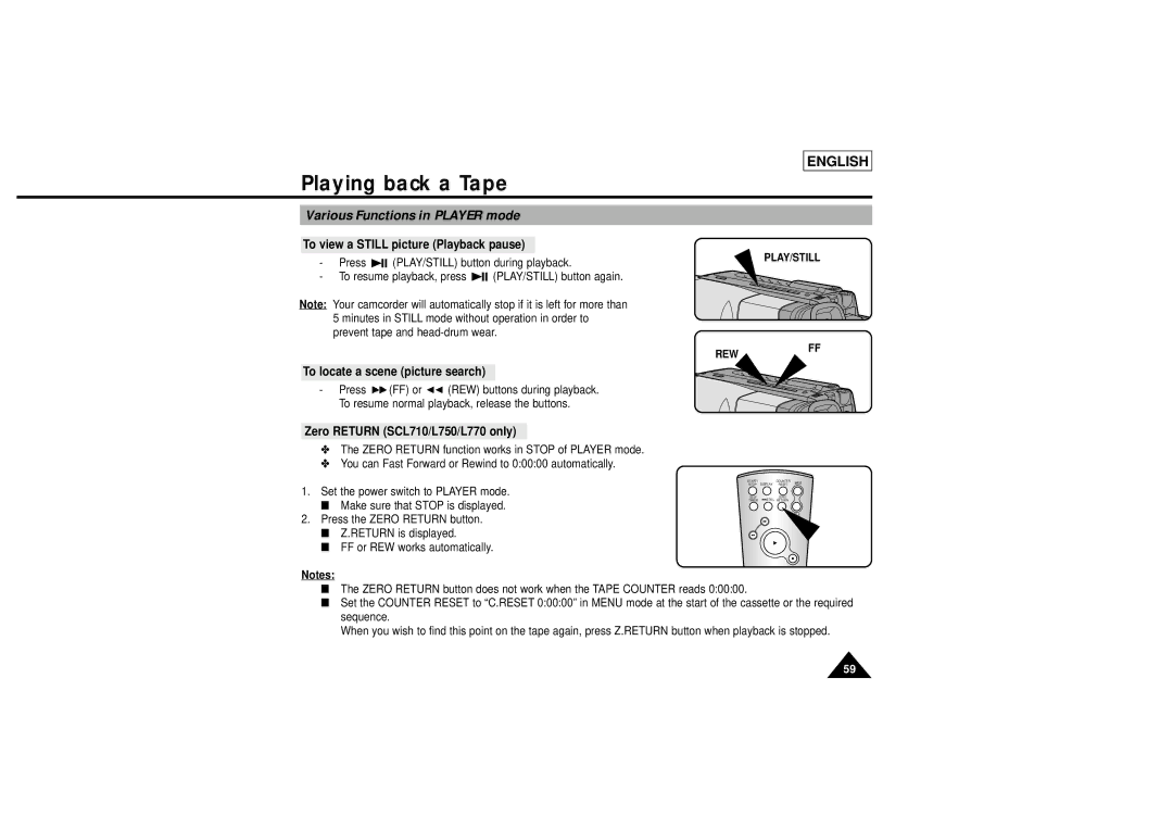 Samsung L710 Various Functions in Player mode, To view a Still picture Playback pause, To locate a scene picture search 