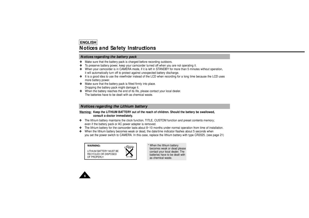 Samsung L750, L710 manual Lithium Battery Must be Recycled or Disposed of Properly 