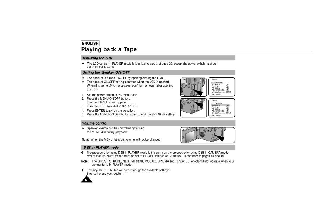 Samsung L750, L710 manual Setting the Speaker ON/OFF, Volume control, DSE in Player mode 