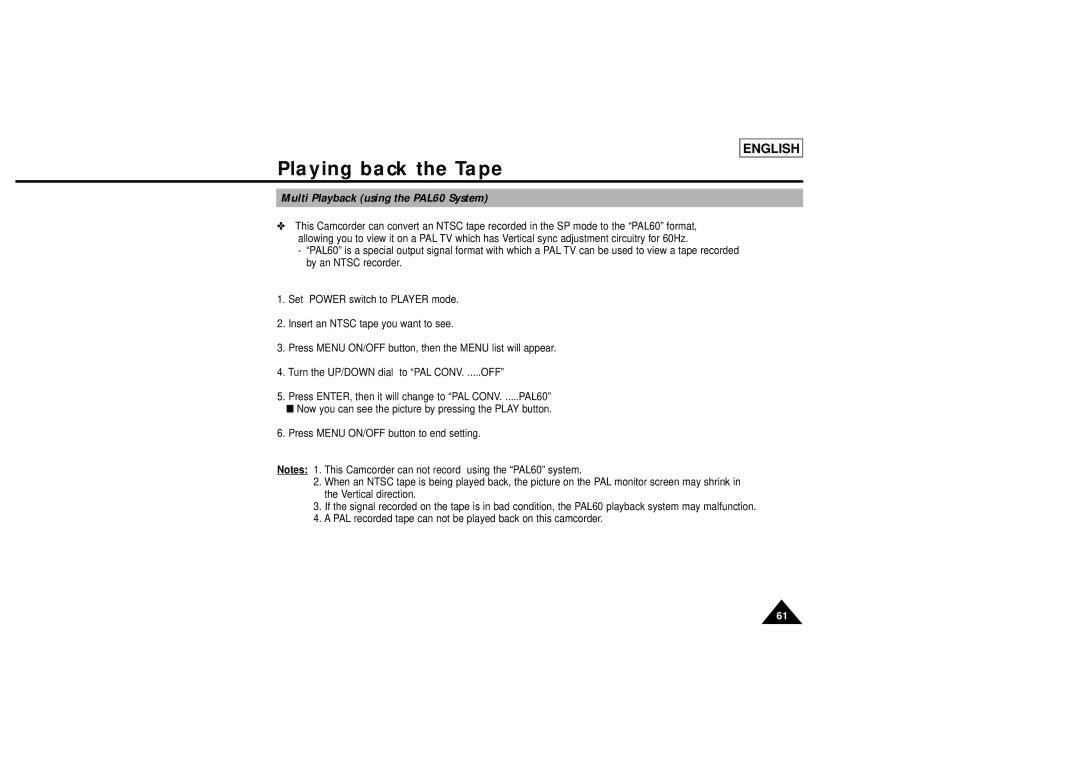 Samsung L710, L750 manual Playing back the Tape 