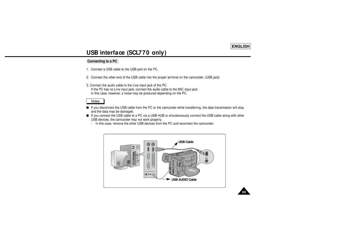 Samsung L710, L750 manual Connecting to a PC, USB Cable, USB Audio Cable 