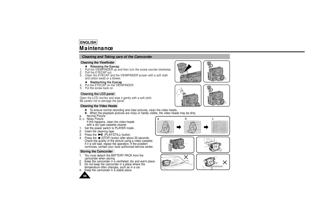 Samsung L750, L710 manual Maintenance, Cleaning and Taking care of the Camcorder 