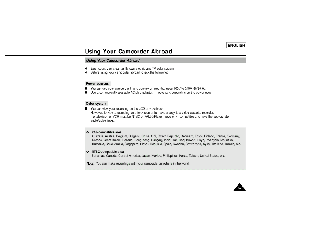 Samsung L710, L750 manual Using Your Camcorder Abroad, Power sources, Color system 